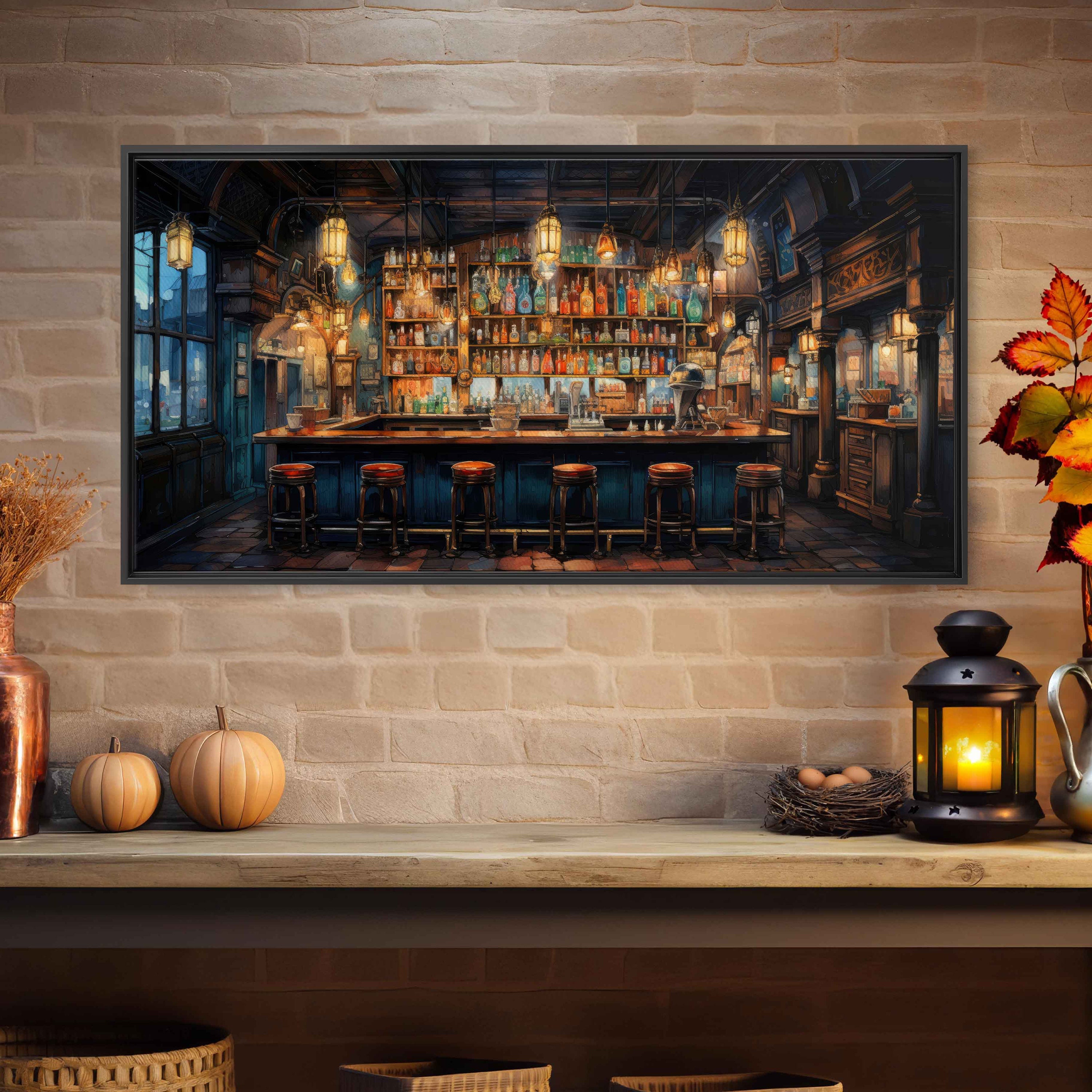 Cozy Watercolor Bar Art, Home Bar Decor, Bar Wall Art, Panoramic