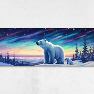Mama Polar Bear And Cub Panoramic Northern Ligehts Paintineeg, Framed Canvas Print, Ready To Hang