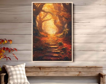 May include: A painting of a path leading up a set of stone steps through a forest. The trees are bare and the leaves are a mix of orange, yellow, and red. The sun is shining through the trees, creating a warm glow.