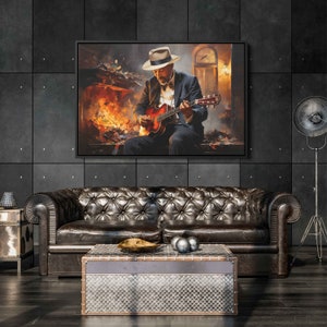Oil Painting Guitar Playing Man Wall Art Canvas Print, Rockstar Musician, Gift For Musician Ready To Hang