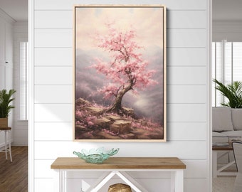 Pink Cherry Tree Blossom Wall Art Painting, Framed Canvas Print, Ready To Hang, Japanese Wall Art