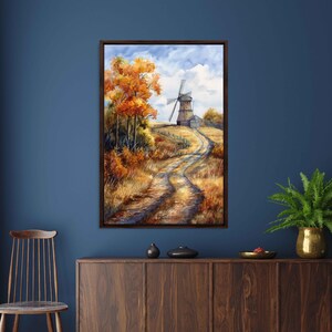 Windmill Surrounded By Autumn Trees And Golden Fields Watercolor Wall Art Canvas Print, Fall Foliage, Farmhouse Decor, Ready To Hang