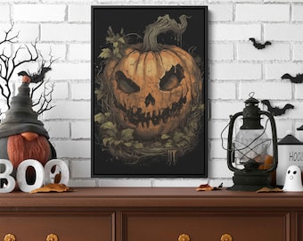 Halloween Pumpkins Painting Wall Art, Scary Jack O Lantern,  Spooky Art, Framed Canvas Print, Ready To Hang