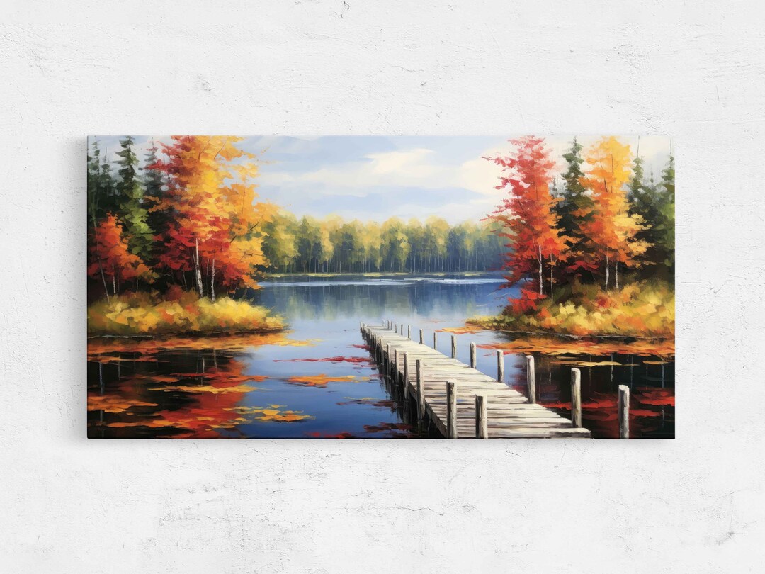 Beautiful Painting of A Lake With A Pier, Autumn Leaves, Framed Canvas ...