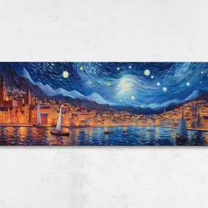 Panoramic Starry Night Sky Coastal Town, Framed Canvas Print, Ready To Hang, Moonlight, Lake View