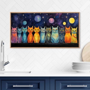 Celestial Cats, Whimiscal Watercolor Painting, Stars And Moons, Framed Canvas Print, Ready To Hang, Panoramic Wall Art
