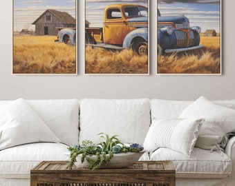 Rustic Farmland Vintage Truck Tryptych Wall Art Canvas Print, Old Farmhouse Worn Down Barn, Ready To Hang