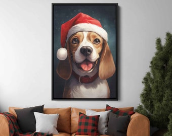 May include: A Beagle dog wearing a red Santa hat with a white pom-pom. The dog is looking directly at the viewer with a happy expression. The background is a dark blue with white snowflakes.