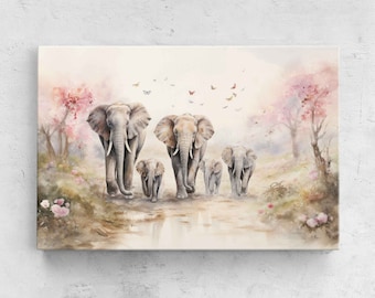 Elephant Family Watercolor Painting, Canvas Reproduction Print, Ready To Hang