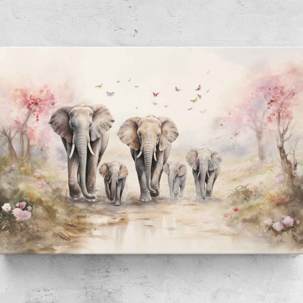 Elephant Family Watercolor Painting, Canvas Reproduction Print, Ready To Hang