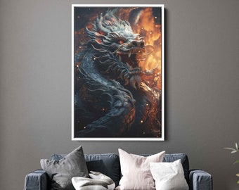 Chinese Dragon Wall Art, Framed Canvas Print, Ready To Hang