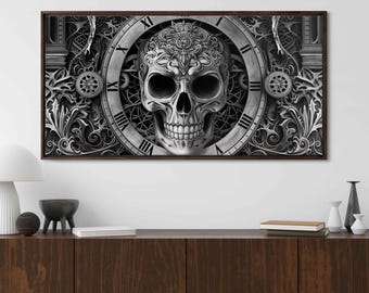 Gothic Ornate Skull Clock Ink Wall Art Canvas Print, Detailed