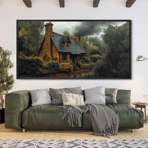 May include: A rustic cottage with a brown brick exterior and a dark gray roof sits in a lush green forest. The cottage has a chimney and a small porch with a wooden door. The scene is painted in a realistic style with soft lighting and a sense of depth.