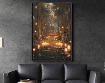 Bamboo Forest Lantern Path Wall Art Ready To Hang, Gift For Nature Lover, Forest Shrine, Pond Reflection, Magical Woods Ready To Hang