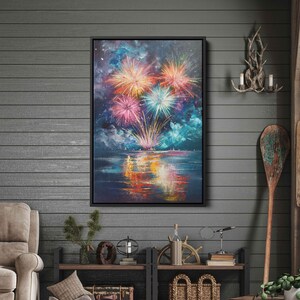 Exploding Fireworks Over Water Wall Art Canvas Print, Colorful Explosions In Sky, Ready To Hang image 3