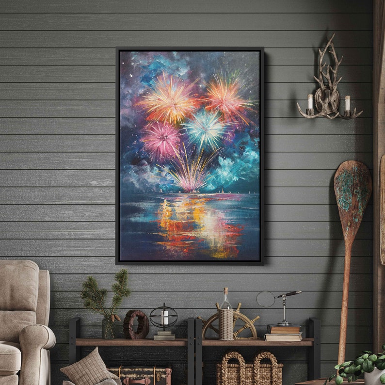 Exploding Fireworks Over Water Wall Art Canvas Print, Colorful Explosions In Sky, Ready To Hang image 3