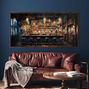 Cozy Watercolor Bar Art, Home Bar Decor, Bar Wall Art, Panoramic Watercolor Painting, Framed Canvas Print, Ready To Hang