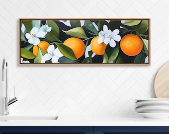 May include: A painting of a branch of an orange tree with white blossoms and ripe orange fruit. The oranges are a deep orange color and the leaves are a vibrant green. The painting is framed in a natural wood frame.
