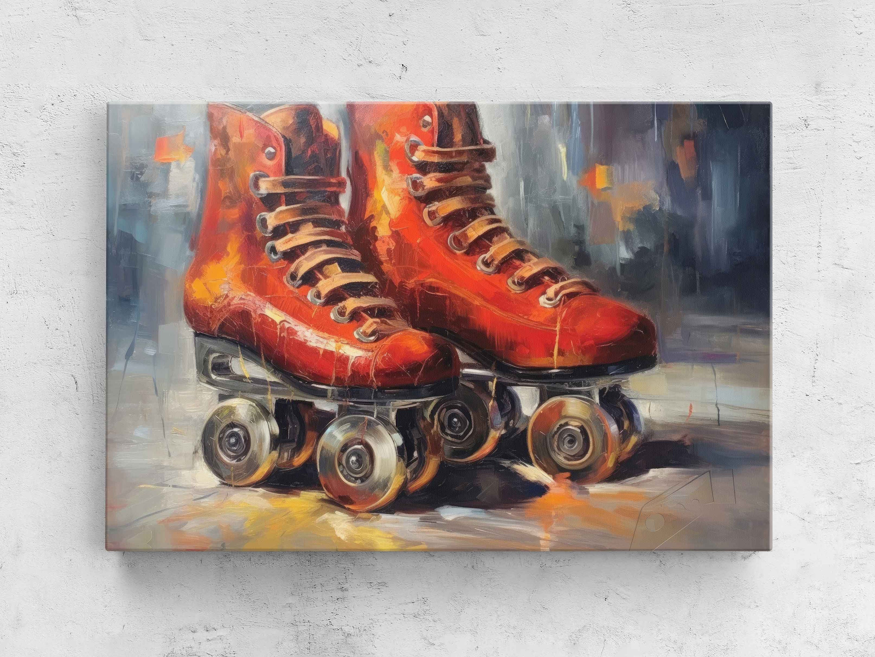 Retro Roller Skates Oil Painting, Palette Knife, Framed Canvas
