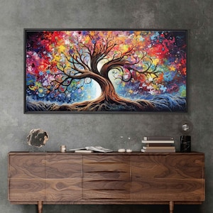 Ancient Colorful Tree Of Life, Palette Knife Painting, Framed Canvas Print, Ready To Hang