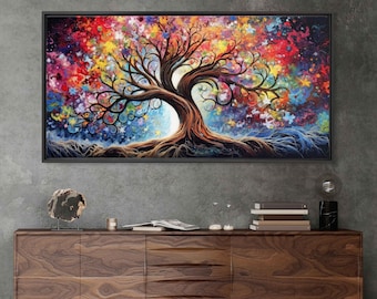Ancient Colorful Tree Of Life, Palette Knife Painting, Framed Canvas Print, Ready To Hang