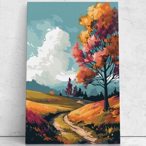 Beautiful Autumn Pop Art Landscape Illustration, Digital Print On Canvas, Ready To Hang Canvas, Autumn Decor