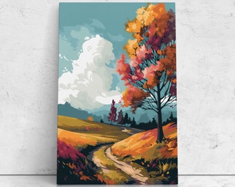 Beautiful Autumn Pop Art Landscape Illustration, Digital Print On Canvas, Ready To Hang Canvas, Autumn Decor