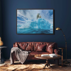 Polar Bear Standing On Ice, Cloudy Blue Skies, Canvas Wall Art Print, Ready To Hang