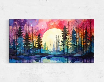 Watercolor Celestial Moonlit Forest Wall Art Canvas Print, Tree Line Water Reflection, Ready To Hang