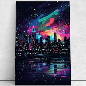 Colorful Neon Cityscape, Comic Book Aesthetic, Bright Vibrant Colors, Cityscape Print On Canvas, Ready To Hang, Video Game Room Decor