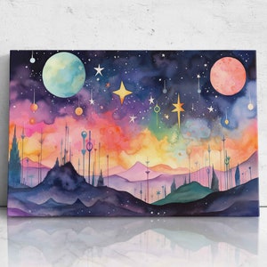 Beautiful Celestial Watercolor Painting, Mountains Stars Planets, Vibrant Colors, Digital Print On Canvas, Ready To Hang