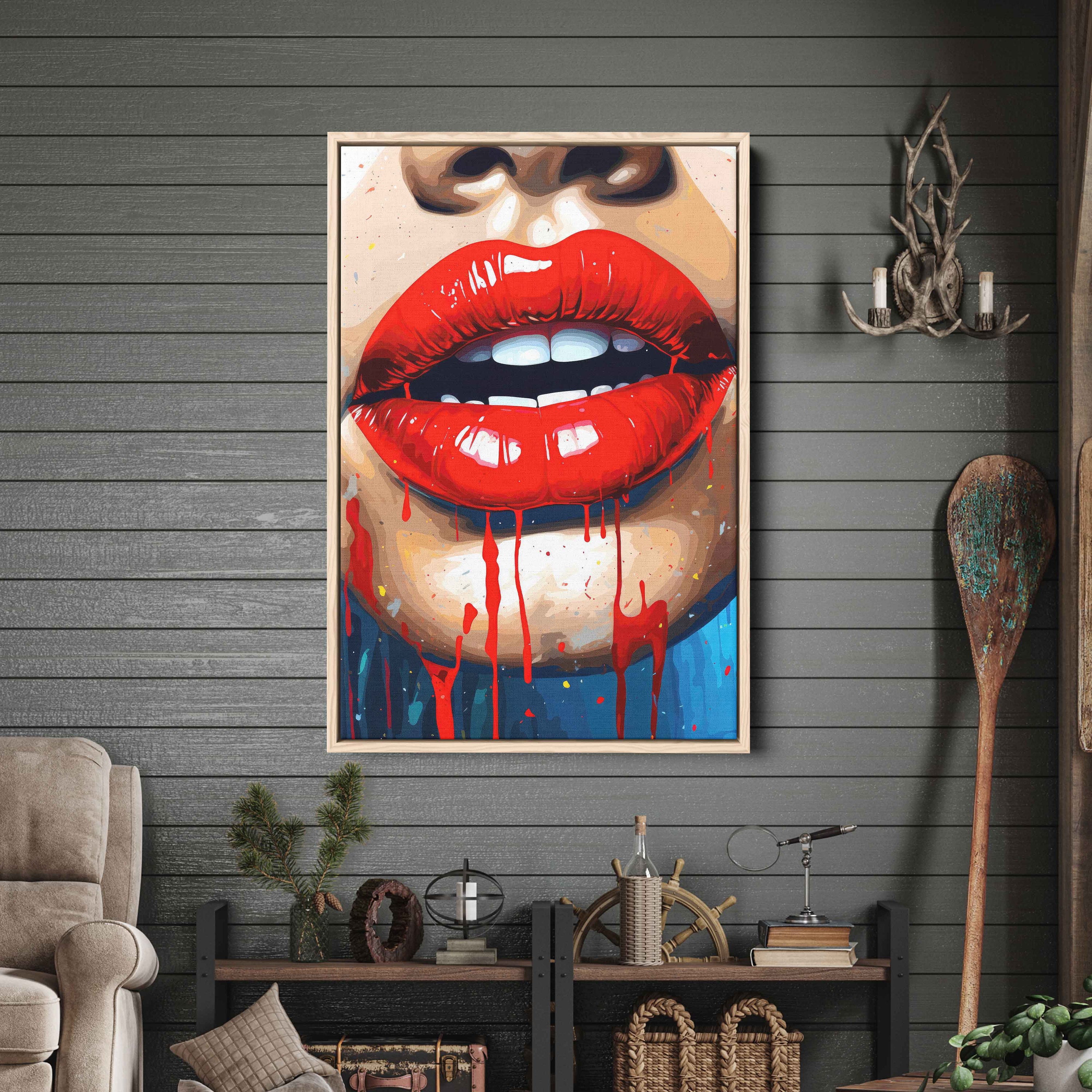 Colorful Pop Art Lips, Paint Splash Wall Art, Framed Canvas Print