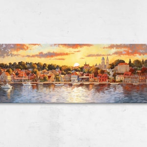 Small Coastal Town At Sunset Pointillist Painting Wall Art, Digital Print On Canvas, Ready To Hang, Living Room Decor