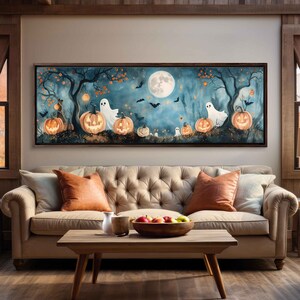May include: A panoramic painting of a Halloween scene with a blue night sky, a full moon, and a line of friendly ghosts and jack-o'-lanterns walking through a forest.