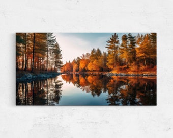 Reflective River Splitting A Stunning Autumn Forest, Photography Print On Canvas, Framed Wall Art, Ready To Hang