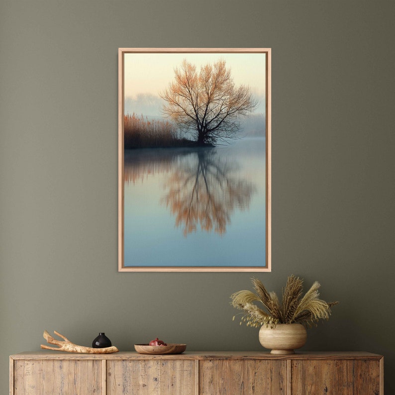 Reflection Tree Hanging Lone Tree With Reflection Overhanging Calm Waters on Lakeshore Wall Art ...