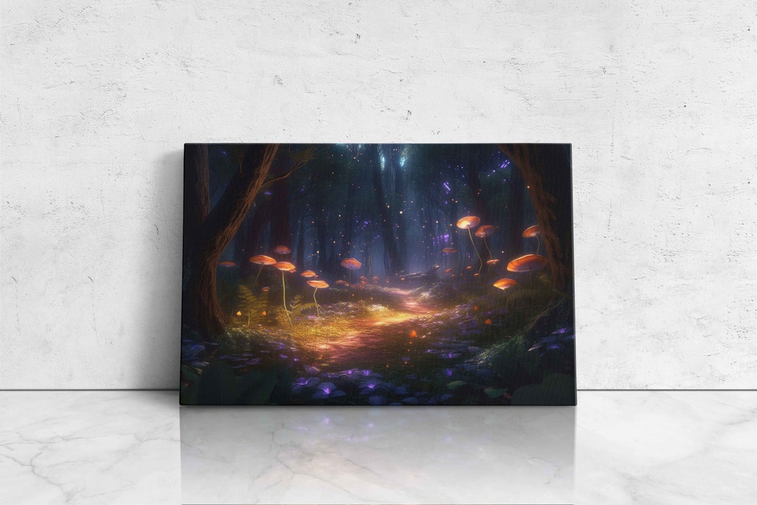 Enchanted Firefly Mushroom Forest Canvas Wall Art Ready to - Etsy