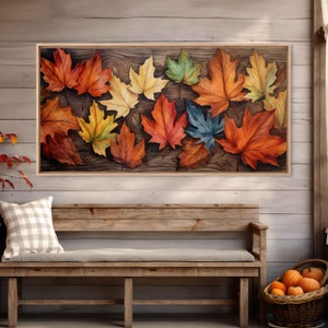 Autumn Leaves On Wood Painting, Framed Canvas Print, Ready To Hang, Autumn Fall Art