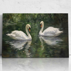 Oil Painting Of Two Swans Swimming In A Pond, Digital Print On Canvas, Realistic Reflections, Wildlife Art, Ready To Hang