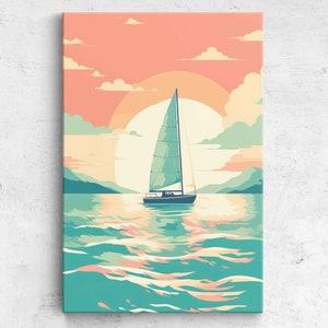 Minimalist Pastel Sailboat, Canvas Wall Art Print, Framed Canvas, Ready To Hang