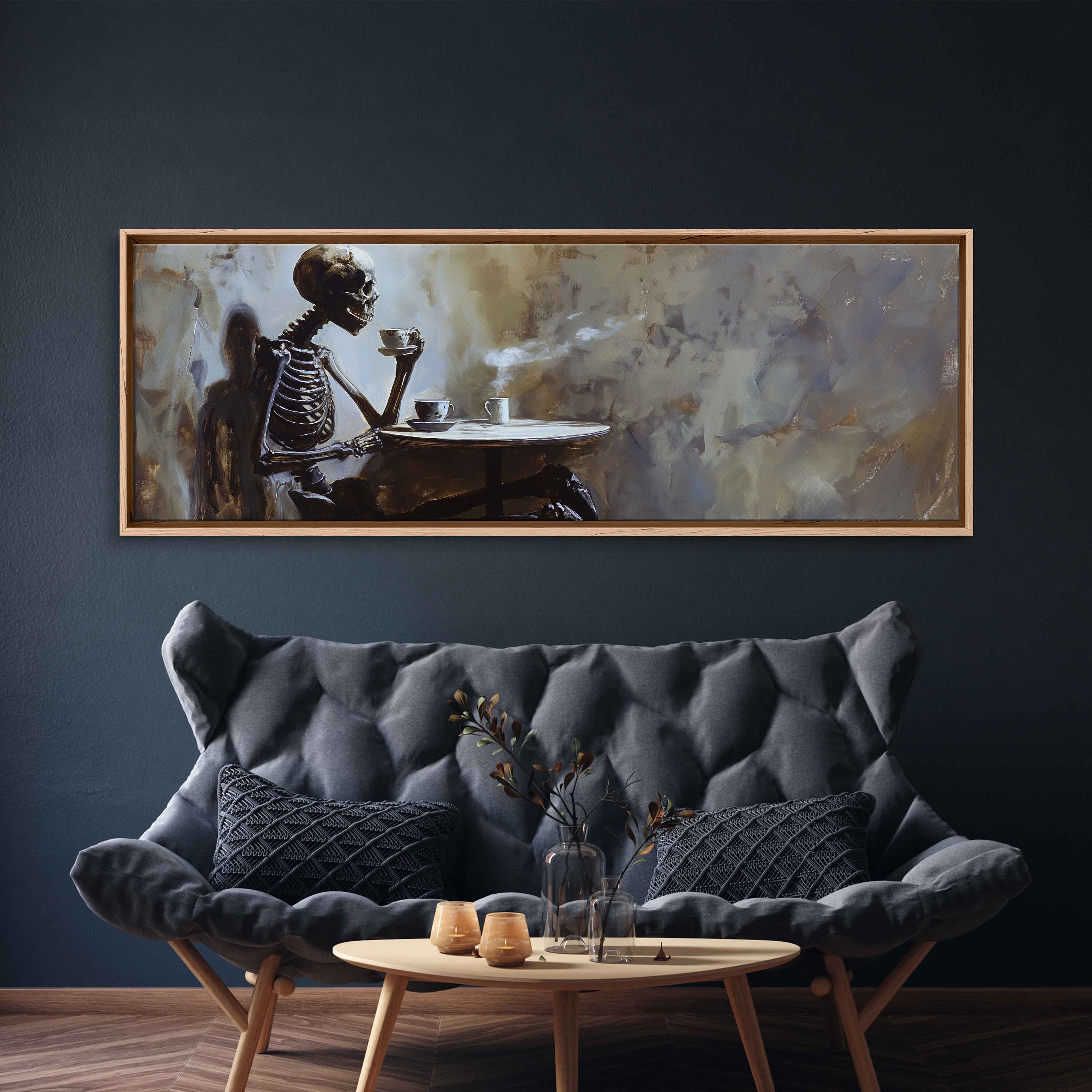 Skeleton Making Tea Skeleton Having A Cup of Tea at Small Table Whimsical Oil Painting Wall ...