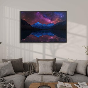 May include: A photograph of a mountain range reflected in a still lake under a starry night sky. The sky is a vibrant purple and blue with a milky way galaxy visible.