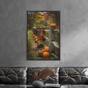 Rustic Wooden Fence Decorated With Pumpkins And Autumn Decor Photo Wall Art Canvas Print, Fall Leaves, Farmhouse Decor, Ready To Hang
