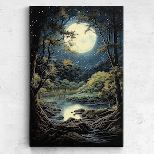 Enchanted Moonlit Forest Acrylic Painting, Framed Canvas Print, Ready To Hang, Guest Room Decor