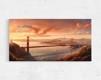 May include: A panoramic view of the Golden Gate Bridge in San Francisco, California. The bridge is a vibrant orange color and spans across the water, connecting the city to the other side. The sky is a beautiful orange and pink sunset, with fluffy clouds. The city skyline is visible in the distance.