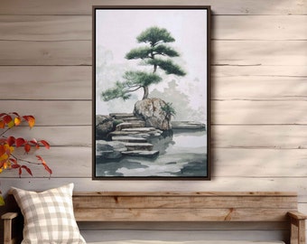 Japanese Zen Garden Watercolor Painting, Minimalist Canvas Wall