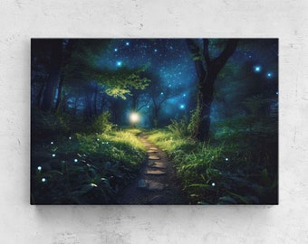 May include: A magical forest path illuminated by glowing lights, leading through a dark forest with a starry sky above.