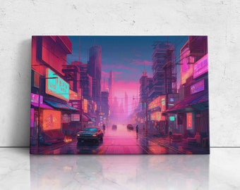 May include: A digital painting of a city street at night with tall buildings and neon signs. A car drives down the street, and people walk on the sidewalk. The sky is a vibrant pink and purple.