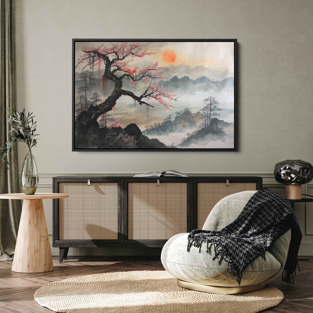 Japanese Zen Painting Wall Art Canvas Print, Cherry Blossom Tree ...