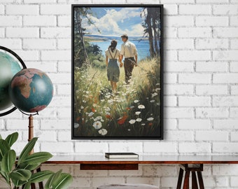 Couple Walking In Wildflowers Wall Art Canvas Print, Wooded Opening, Vintage Clothing, Nature Walk, Ready To Hang
